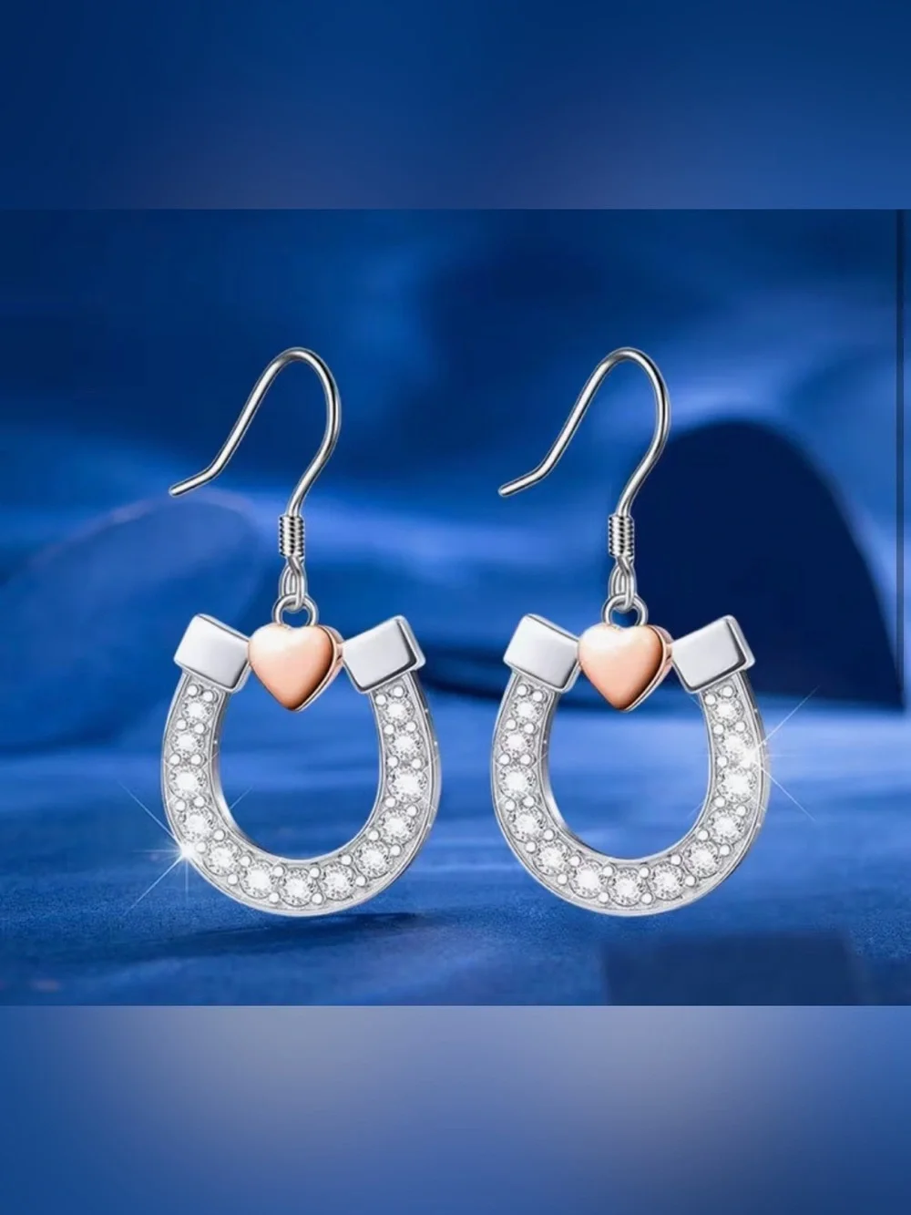 Crystal Horseshoe Drop Earrings with Rose Gold Heart Accent - New
